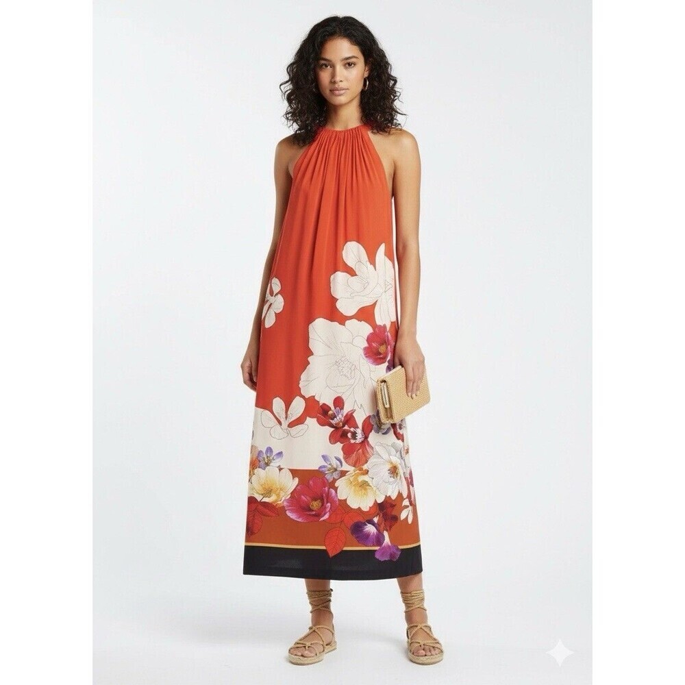 Kobi Halperin Coral Floral Chilli Midi  Halter Dress NWT Rayon Designer Size M